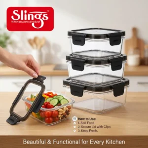 Premium food storage containers with fresh vegetables and secure locking lids.