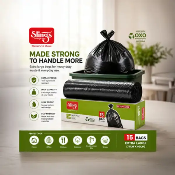 Heavy-duty eco-friendly garbage bags with leak-proof design for home and commercial use.