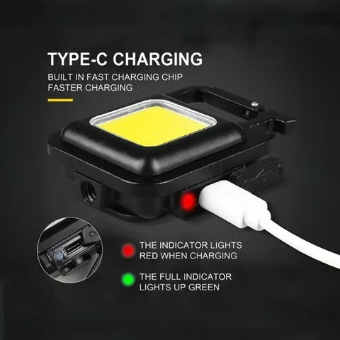 Rechargeable COB LED flashlight with Type-C fast charging and battery status indicators.