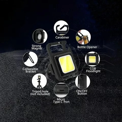 Versatile COB LED work light with magnet, bottle opener, stand, and charging port.