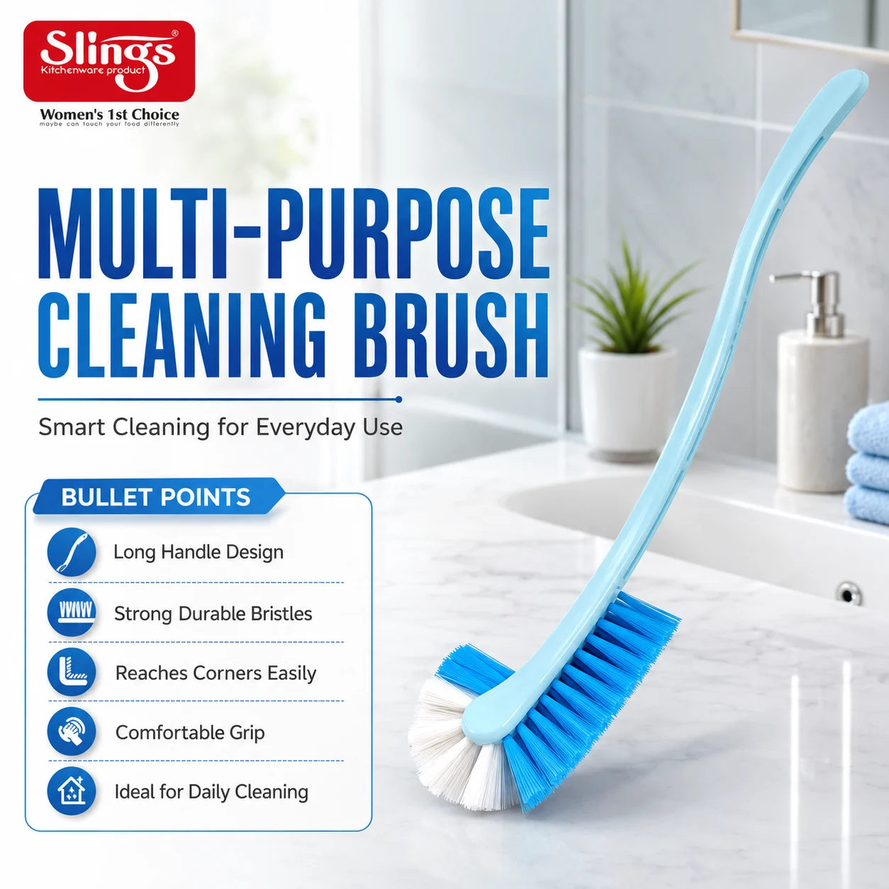 Versatile multi-purpose cleaning brush with durable bristles and comfortable grip.
