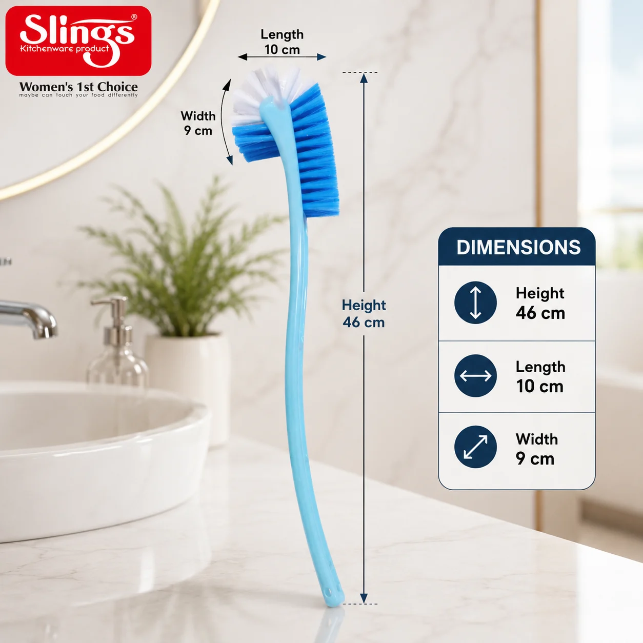 Premium toilet cleaning brush with dimensions and long ergonomic handle design.