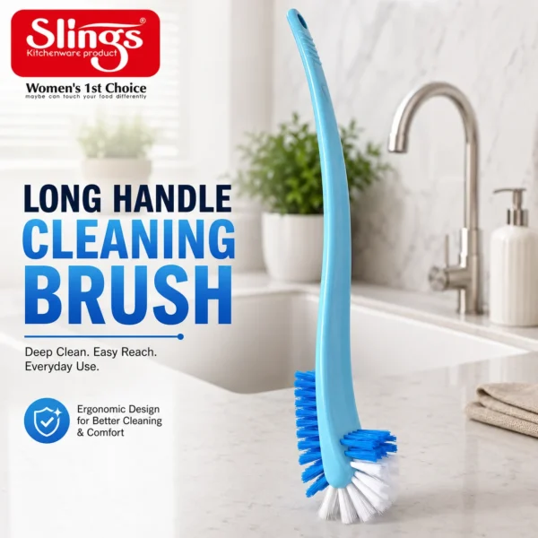 Heavy-duty long handle cleaning brush for convenient everyday bathroom maintenance.