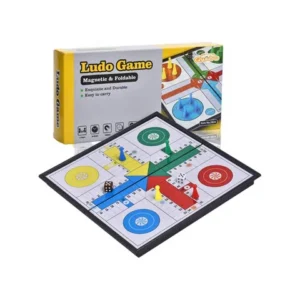 Classic magnetic Ludo board game set with colorful pieces, dice, and storage box.