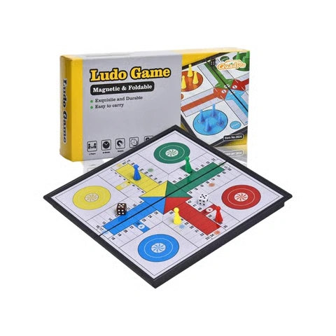 Classic magnetic Ludo board game set with colorful pieces, dice, and storage box.