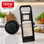 Heavy-duty vegetable slicer showing back view with adjustable cutting mechanism.