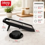 Professional vegetable slicer with dimensions and safety holder measurement guide.
