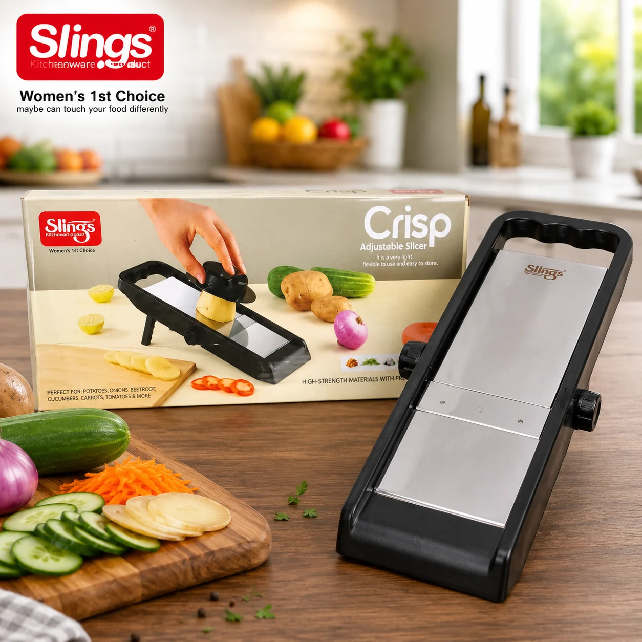 Premium adjustable vegetable slicer with stainless steel blade for precise kitchen slicing.