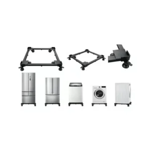 Adjustable metal appliance stand suitable for refrigerators, dishwashers, washing machines, and dryers.