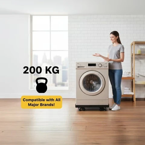 Strong washing machine stand with 200kg load capacity compatible with major appliance brands.