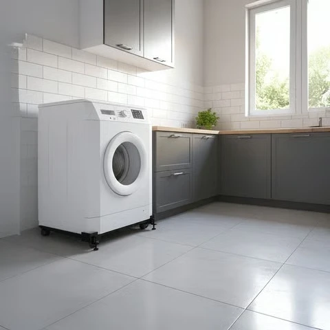 Premium washing machine stand elevating appliance for improved stability and floor protection.