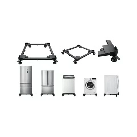 Adjustable metal appliance stand suitable for refrigerators, dishwashers, washing machines, and dryers.