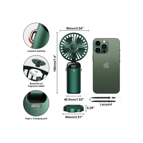 Stylish USB rechargeable mini fan with compact dimensions, lanyard support, and fragrance slot.