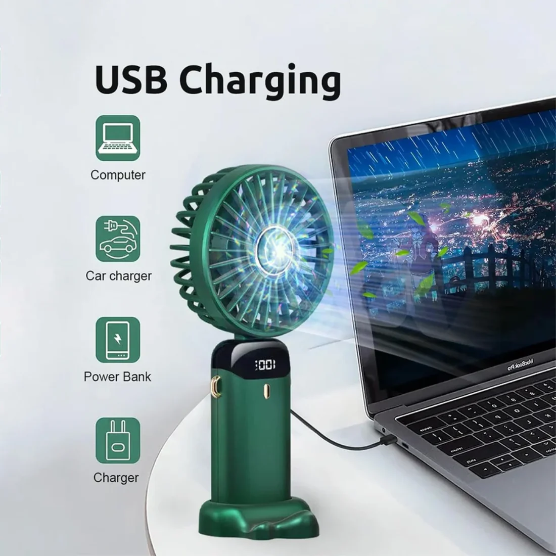 Powerful rechargeable cooling fan with USB charging compatibility for laptop, power bank, and charger.