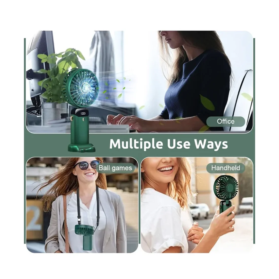 Versatile handheld neck fan for office work, outdoor activities, sports events, and daily travel.