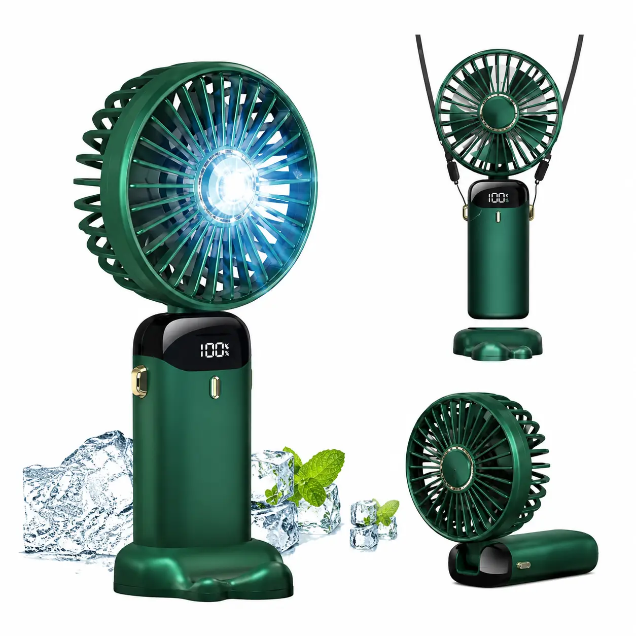 Premium portable handheld fan with LED light, digital display, and adjustable desktop stand.