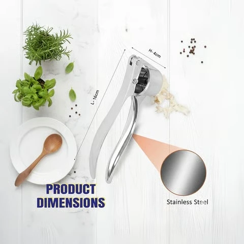 Compact stainless steel garlic press with product dimensions and durable metal construction.