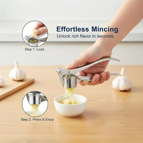 Easy-to-use garlic press quickly mincing fresh garlic cloves with minimal effort.