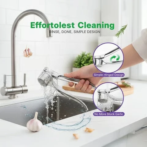 Easy-clean stainless steel garlic press with rinse-friendly hinged design and smooth operation.