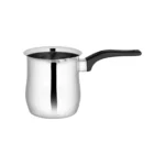 Elegant stainless steel milk and coffee pot with ergonomic black heat-resistant handle.