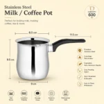 Premium stainless steel milk and coffee pot with 600ml capacity and detailed dimensions.