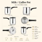 Premium stainless steel milk and coffee pot with multiple angle views and ergonomic handle.