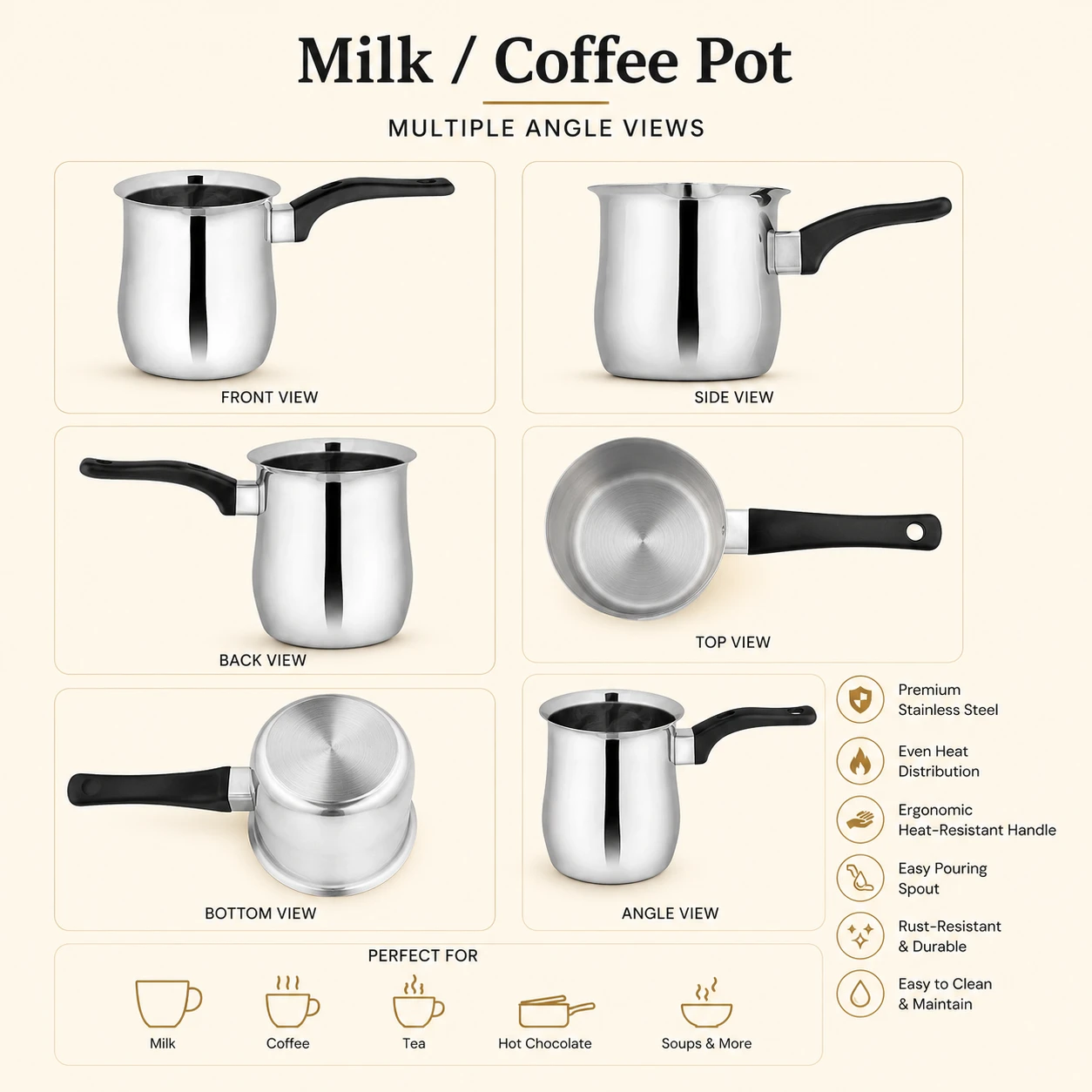 Premium stainless steel milk and coffee pot with multiple angle views and ergonomic handle.