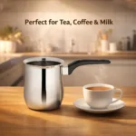 Premium stainless steel coffee pot serving hot tea, coffee, and milk in kitchen.