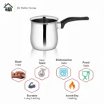 Food-safe stainless steel milk and coffee pot with rust-resistant and dishwasher-safe design.