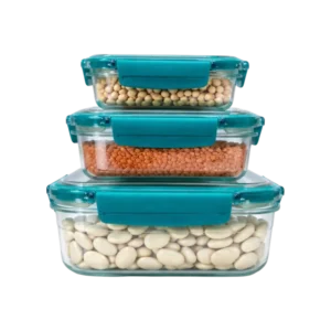 Strong airtight glass container set filled with pulses and grains for long-lasting freshness.