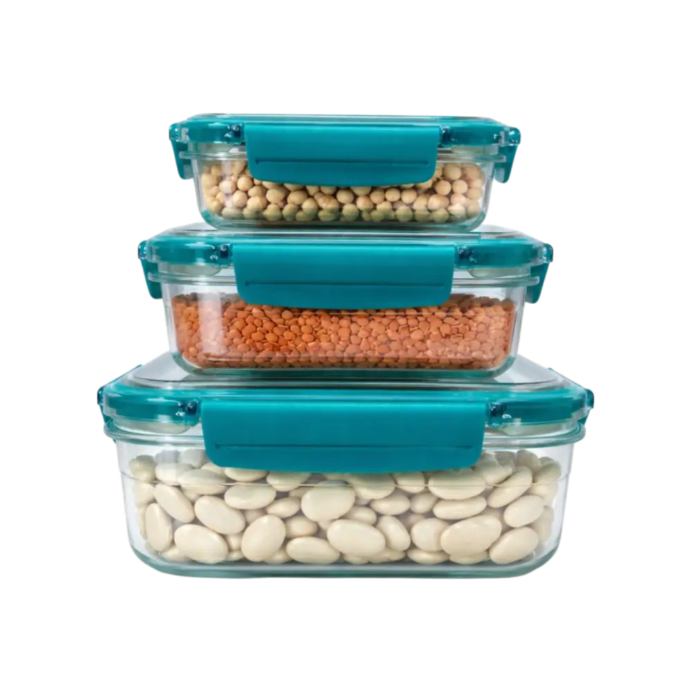 Strong airtight glass container set filled with pulses and grains for long-lasting freshness.