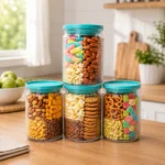 Premium airtight plastic storage containers set for snacks, dry fruits, candies, and kitchen essentials.