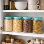 Durable airtight kitchen storage jars neatly organized on cabinet shelf for convenient food storage.