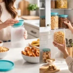 Multipurpose premium storage container jars used for organizing snacks, cookies, cereals, and dry foods.