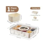 High-capacity food storage organizer with removable trays and detailed size specifications.