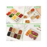 Versatile refrigerator organizer tray for fruits, snacks, cereals, and meat storage.