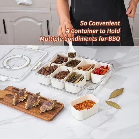 Durable compartment storage tray for spices, seasonings, and BBQ condiments organization.