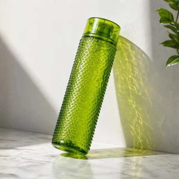 Durable green textured water bottle with stylish transparent premium finish.