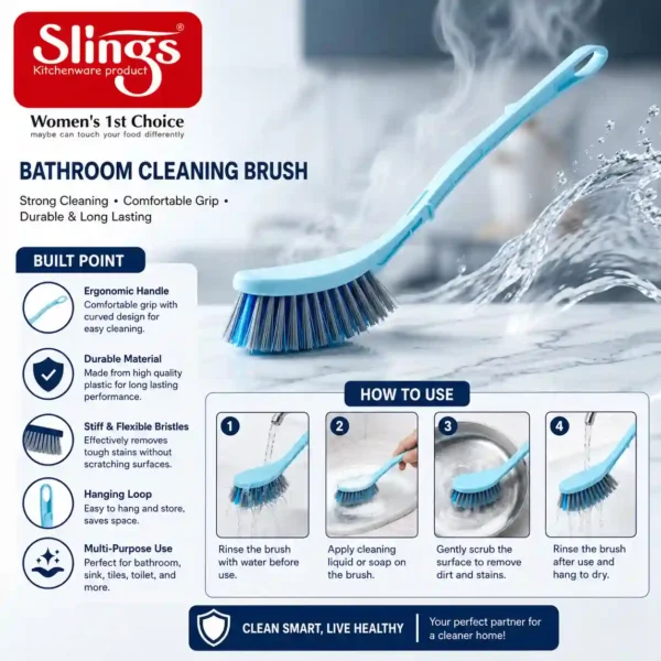 Durable bathroom cleaning brush with ergonomic handle and easy-use instructions.