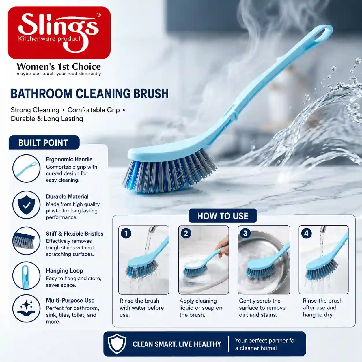 Durable bathroom cleaning brush with ergonomic handle and easy-use instructions.