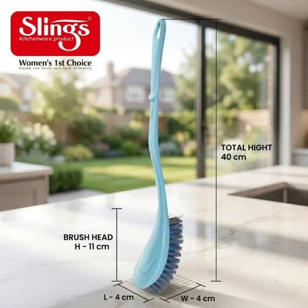 Premium toilet brush with dimensions, long handle, and compact brush head.