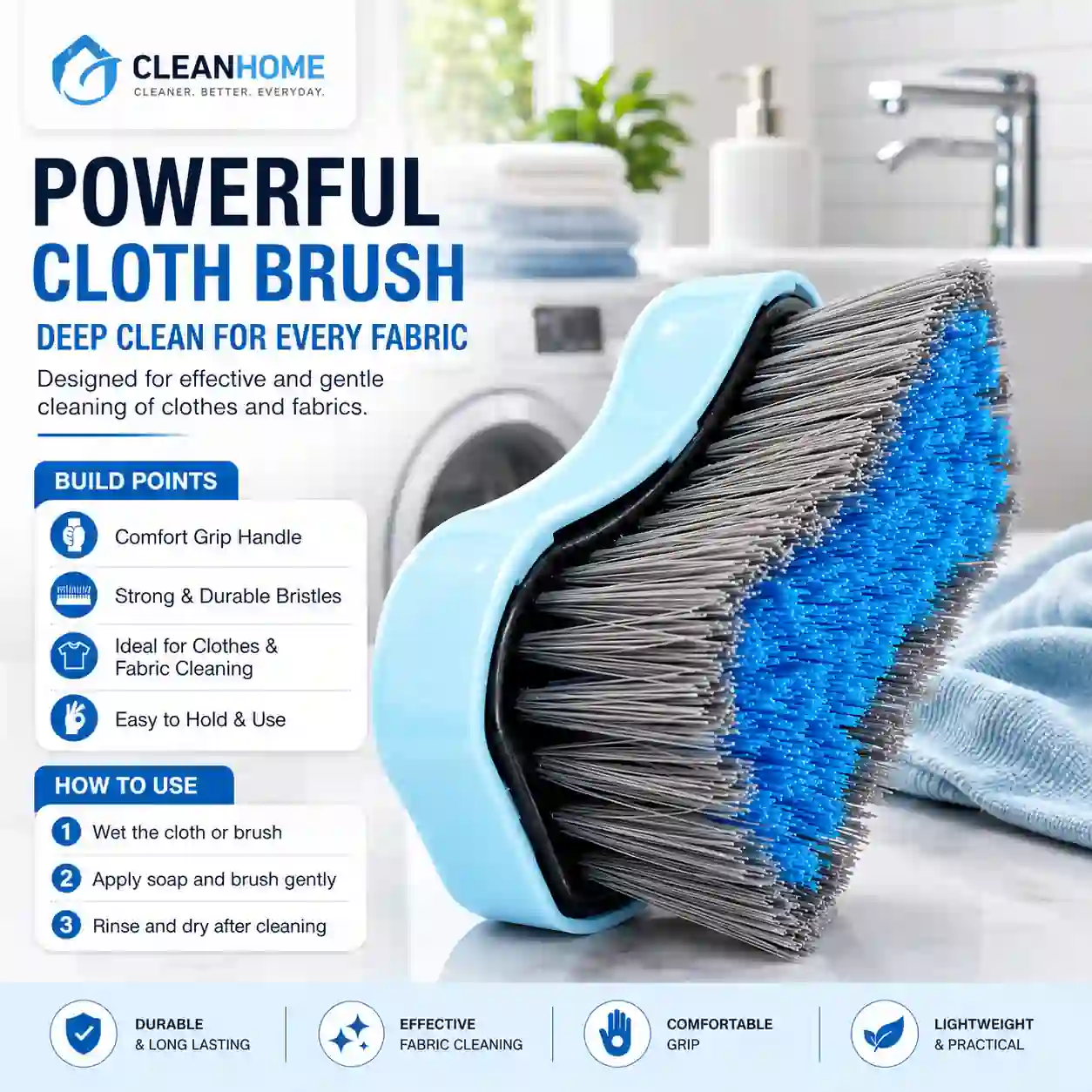 Powerful fabric cleaning brush with product features