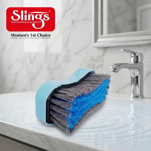 Durable cloth cleaning brush on bathroom countertop
