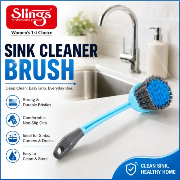 Reliable sink cleaner brush with strong bristles and comfortable non-slip grip.