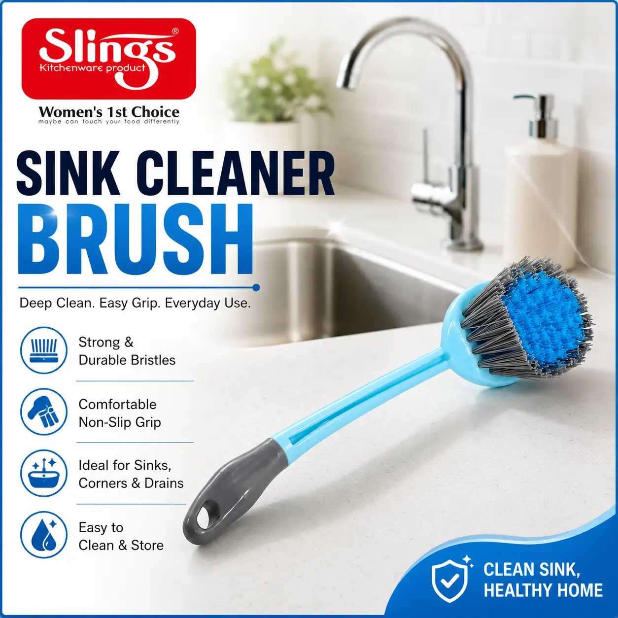 Reliable sink cleaner brush with strong bristles and comfortable non-slip grip.