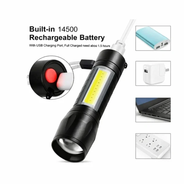 Premium rechargeable LED torch with USB charging support and long-lasting battery performance.