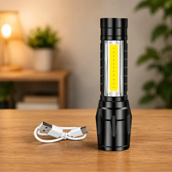 Powerful rechargeable LED torch with Type-C charging cable for home and outdoor use.
