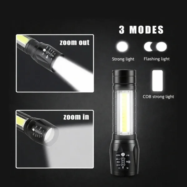 Advanced LED flashlight featuring zoom focus and three lighting modes for versatile illumination.