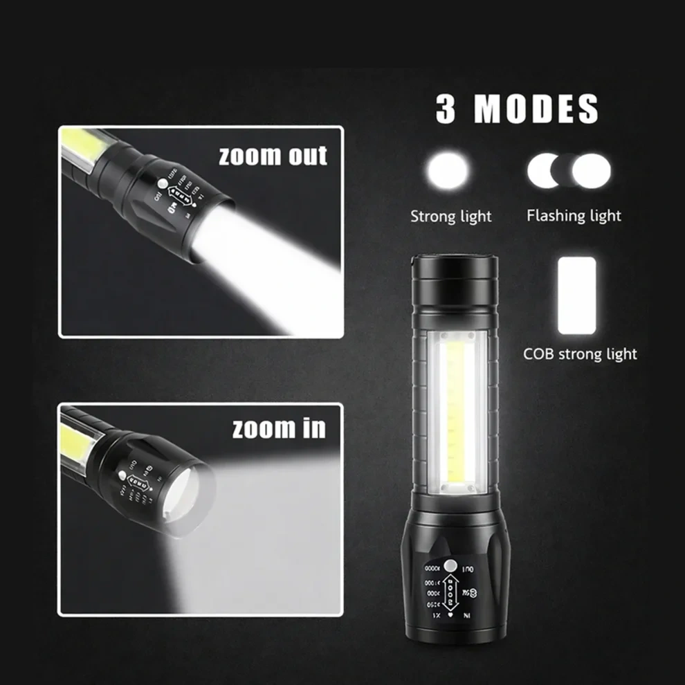 Advanced LED flashlight featuring zoom focus and three lighting modes for versatile illumination.