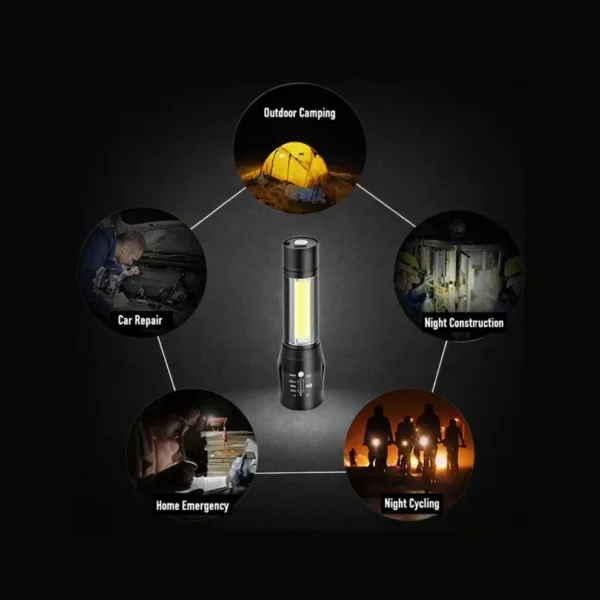 Multipurpose rechargeable emergency torch ideal for camping, cycling, repairs, and outdoor activities.